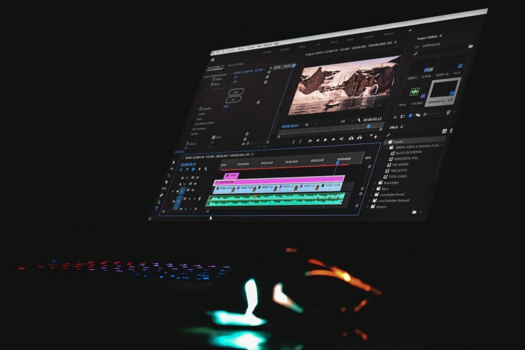 A computer monitor displaying video editing software with a timeline and preview window